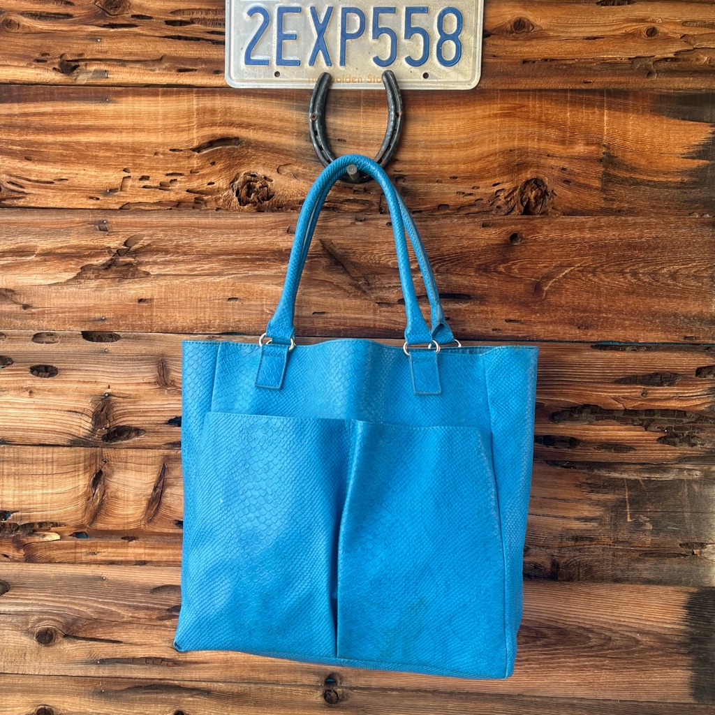 Neiman Marcus | Faux Snakeskin Blue Leather Tote Bag
